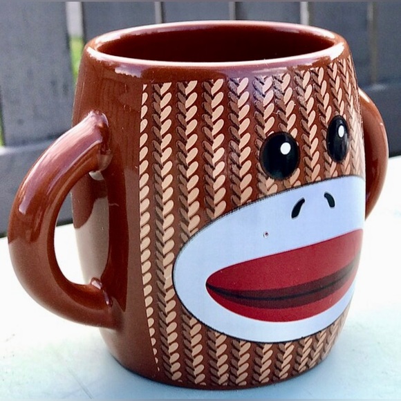 Gallerie SOCK MONKEY Double Jug Handle Brown 2 Side Cartoon Ceramic Coffee Mug - Picture 4 of 10